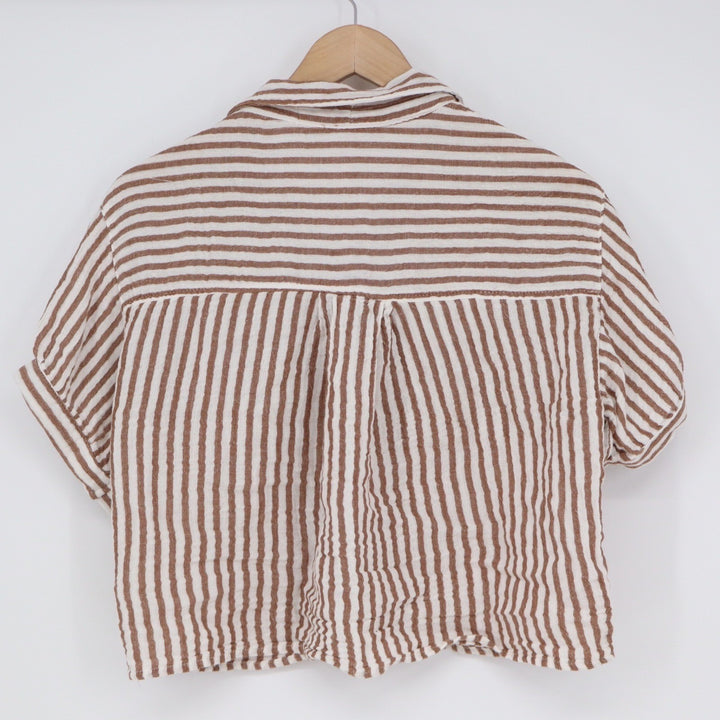 Love Notes Brown White Striped Cotton Gauze Cropped Button Down Shirt Large