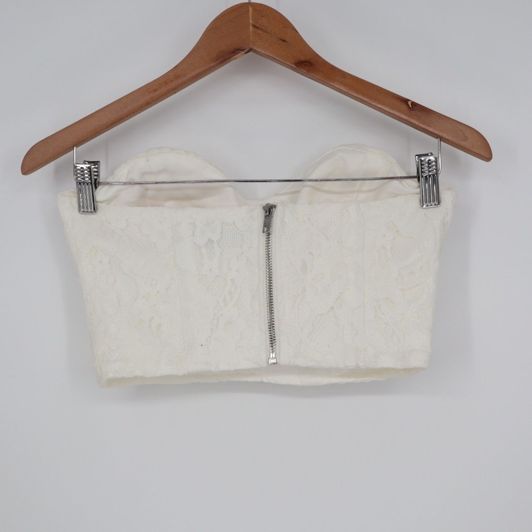 Off White Lace Strapless Bustier Crop Top Sweetheart Zip Back Small
