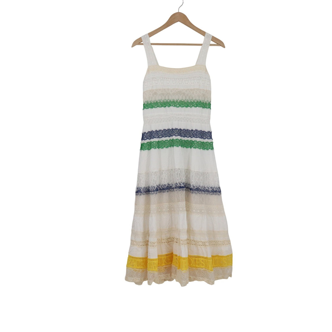 Tory Burch White Lace Tiered Midi Dress Green Navy Yellow Women's Size 0