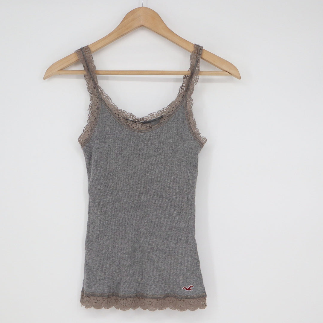 Hollister Womens XS Gray Ribbed Lace Trim Camisole Tank Top Embroidered Logo