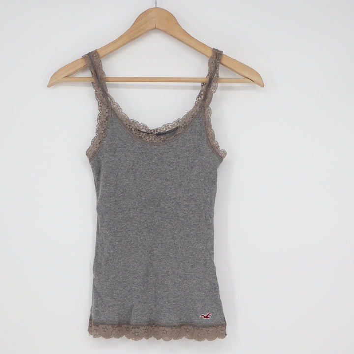 Hollister Womens XS Gray Ribbed Lace Trim Camisole Tank Top Embroidered Logo