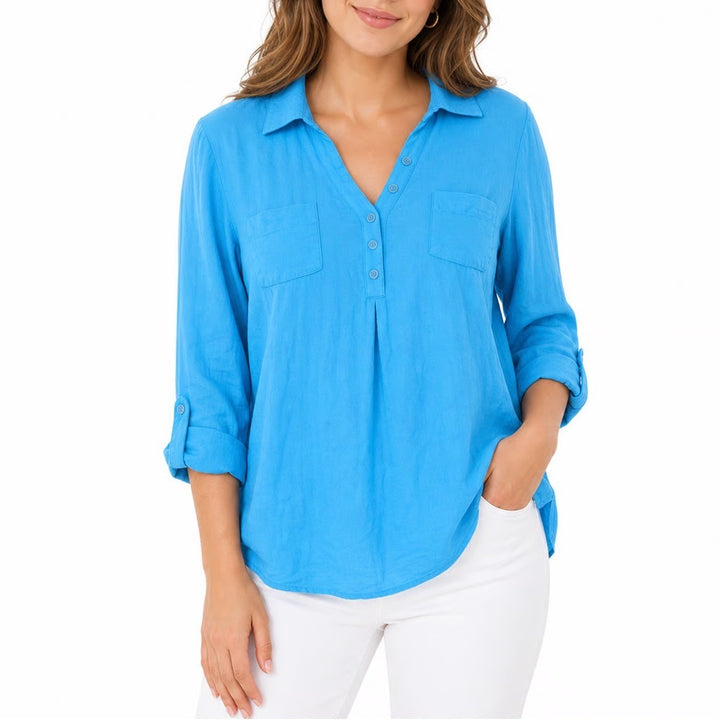 Karen Scott Womens Hawaiian Surf Blue Polo Tunic Top V-Neck Roll-Tab Medium NWT