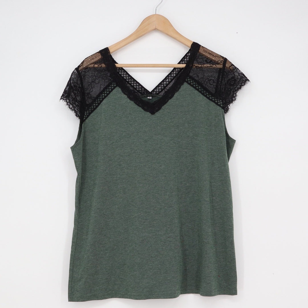 Unbranded Olive Green Lace Trim V-Neck Short Sleeve Top XL Heathered