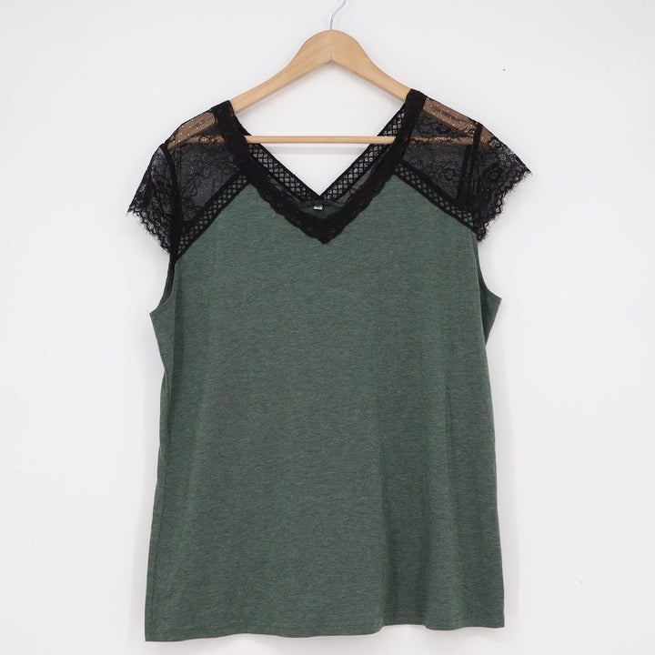 Unbranded Olive Green Lace Trim V-Neck Short Sleeve Top XL Heathered