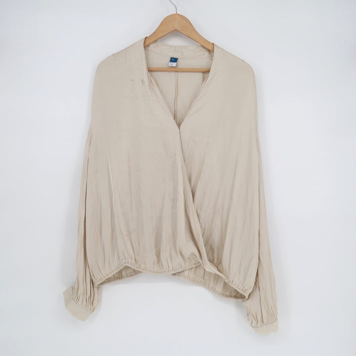 Old Navy Blouse Womens XL Beige Satin Pleated Long Sleeve Cross-Front V-Neck