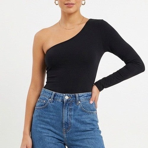 Naked Wardrobe One Shoulder Long Sleeve Bodysuit Black Size M
