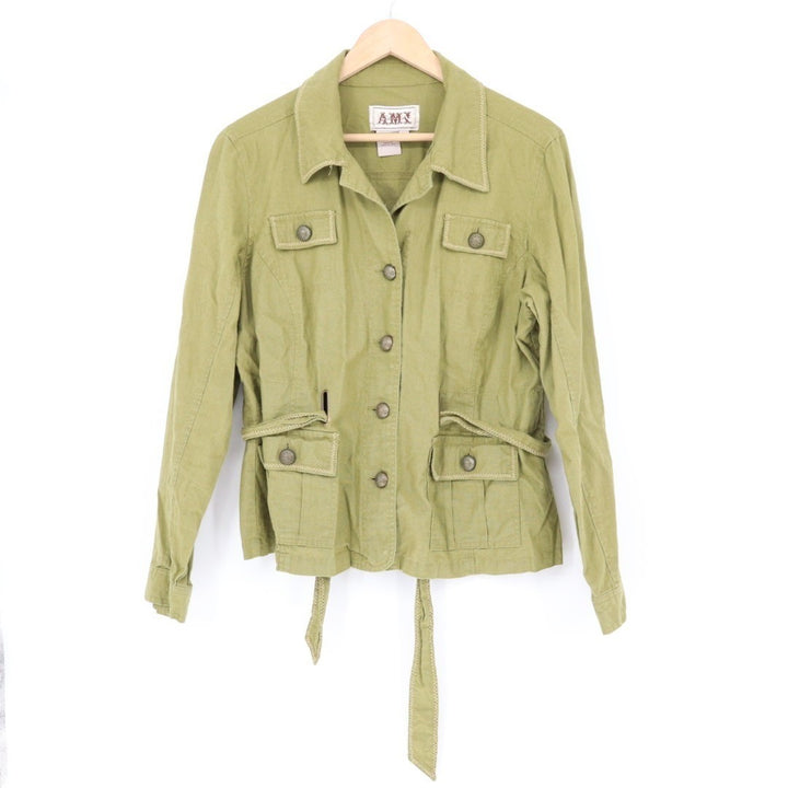 AMI Military Jacket Womens L Olive Green Waist Belt Spread Collar Button Front