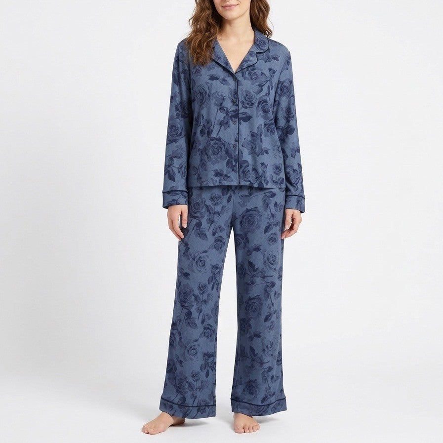 Roudelain 2-PC Pajamas Set Womens Large Blue Floral Stretch Ribbed Lapel Collar