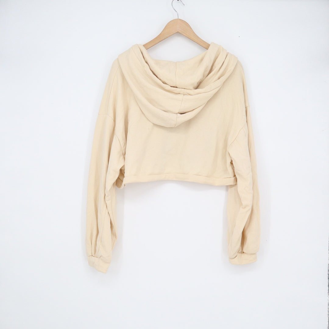 Cream Beige Cropped Zip Up Hoodie Sweatshirt Relaxed Fit Pockets No Size Tag