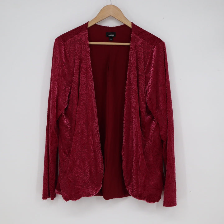 Torrid Womens Plus Size 1 Burgundy Red Velvet Paisley Open Front Cardigan Jacket