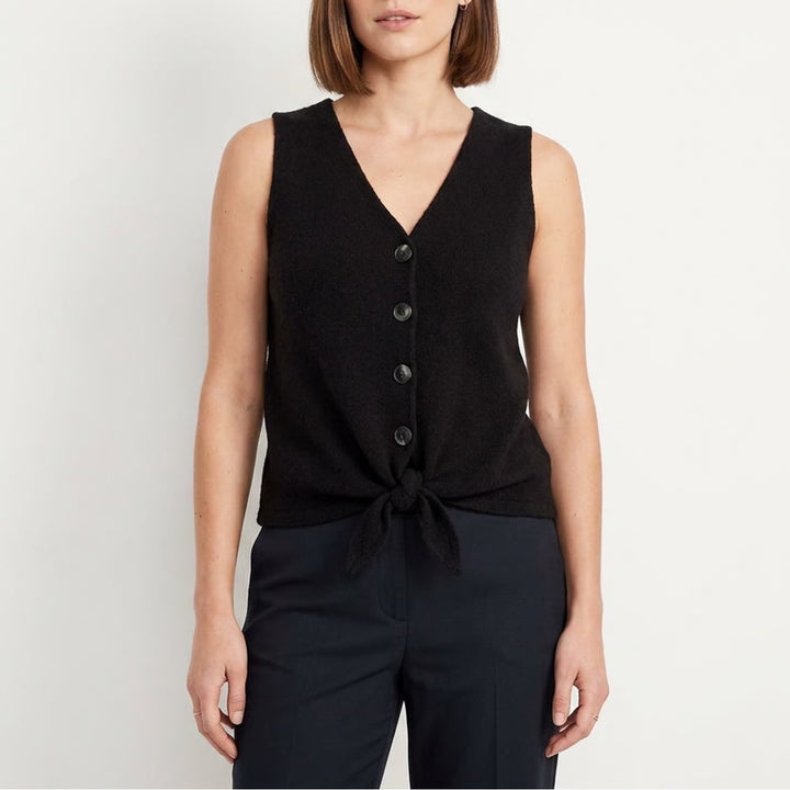 Old Navy Womens XL Black Waffle Knit Button Front Tie Hem Vest Top