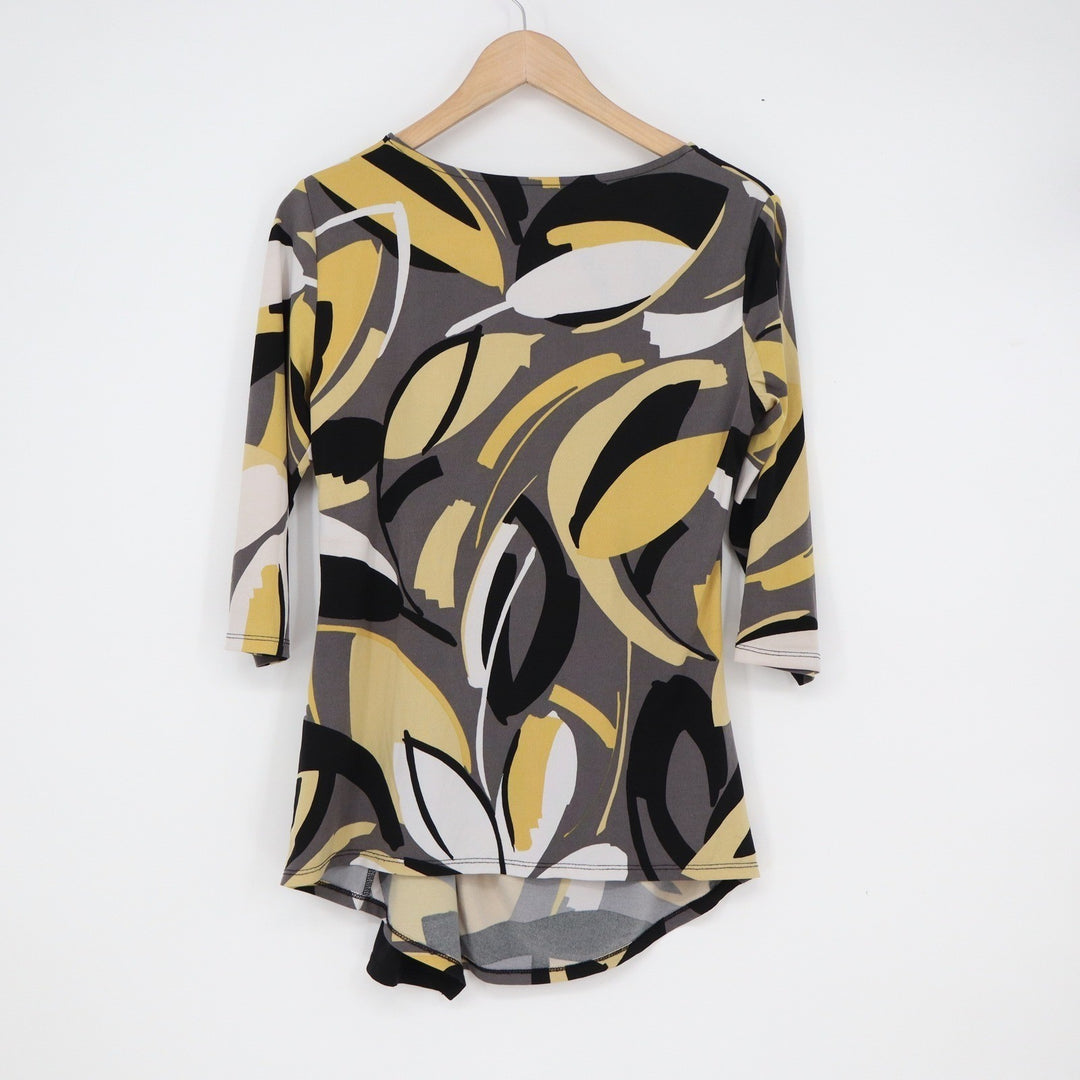 Alfani Womens Abstract Floral Side Buckle Blouse Yellow Grey Black Size S