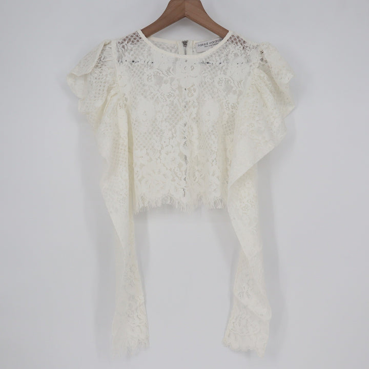 Naked Wardrobe Off White Lace Statement Crop Top Ruffle Cap Sleeve Small