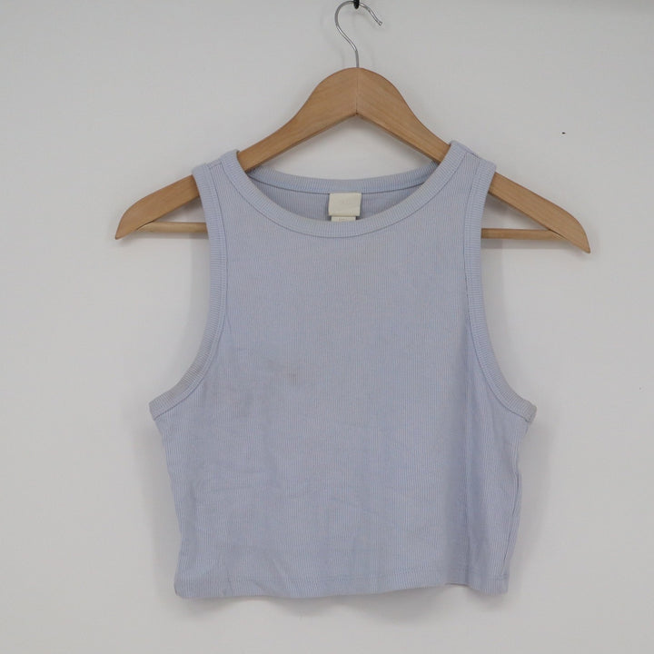 HM Light Blue Ribbed Crop Tank Top Sleeveless Crew Neck Cotton Blend Large
