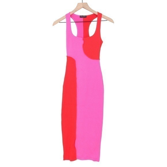 Naked Wardrobe Pink Red Colorblock Ribbed Midi Dress Size M
