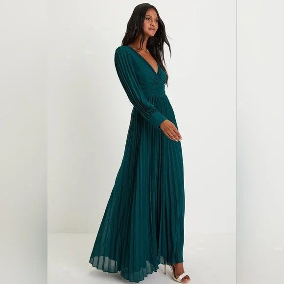 Lulus Sophisticated Grace Emerald Green Pleated Long Sleeve Maxi Dress Size S