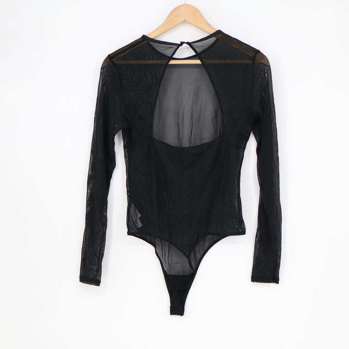 Auden Intimates Bodysuit Womens Medium Black Stretch Sheer Mesh Long Sleeve