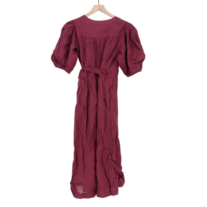 Amalie The Label Franc Midi Dress Dark Plum Linen Puff Sleeve Wrap US 6