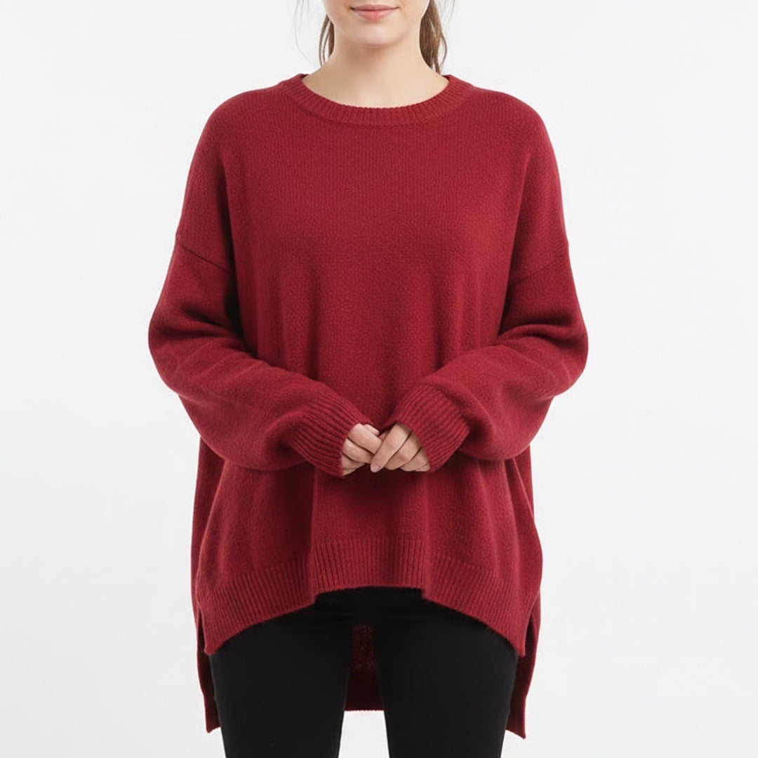 Shein Oversized Sweater Womens Large Red Tight Knit Crew Neck High Low Hem Warm