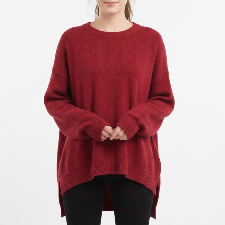 Shein Oversized Sweater Womens Large Red Tight Knit Crew Neck High Low Hem Warm