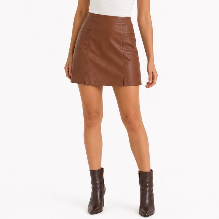 Loveriche Brown Faux Leather Mini Skirt Cognac A-Line Size L