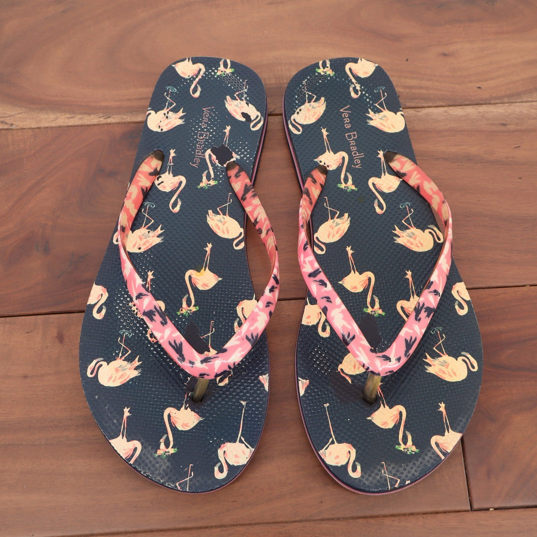 Vera Bradley Womens Flamingo Print Flip Flop Sandals Navy Blue Pink Size 8
