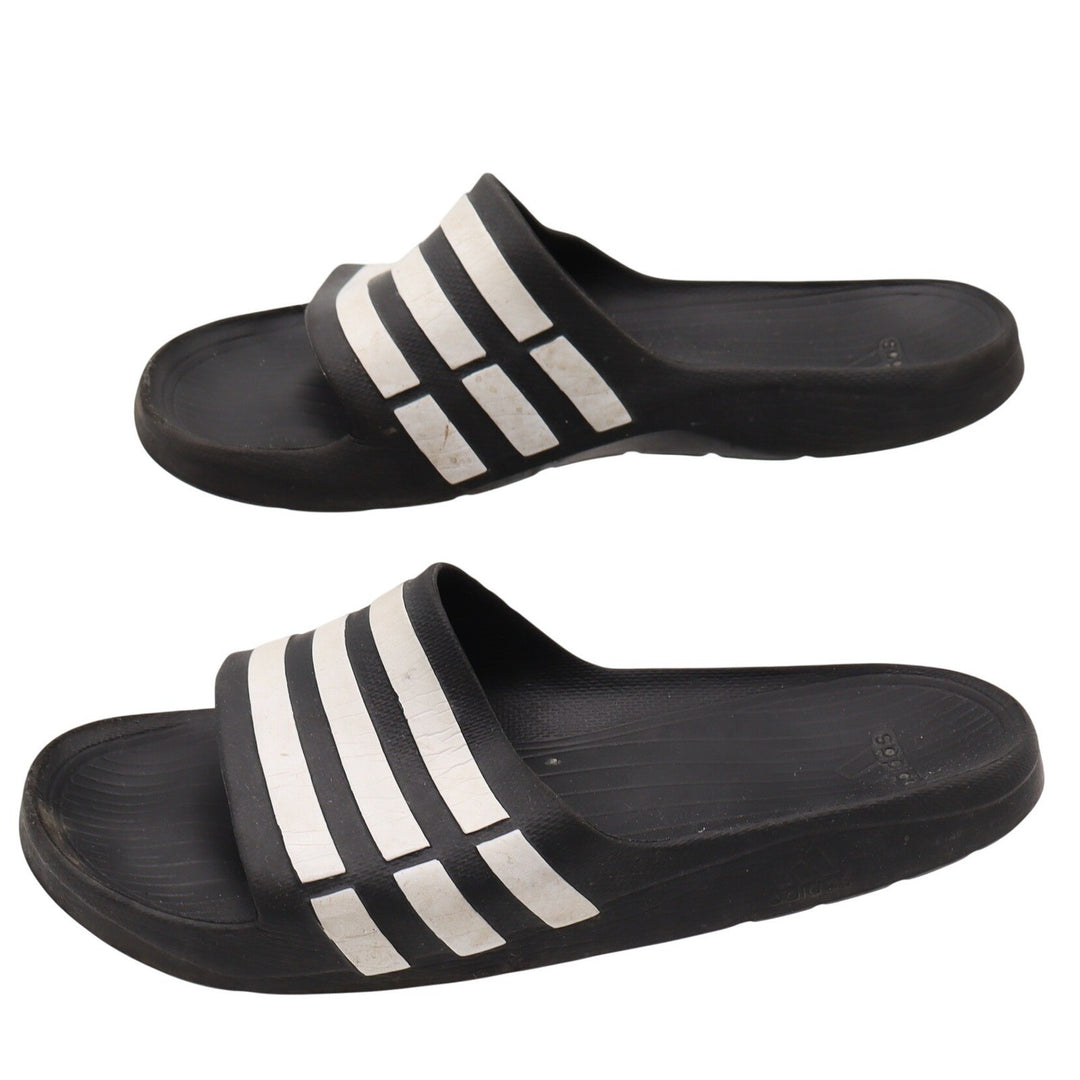 adidas Sandals Men 10 Adilette Aqua Black White Striped Slide Athletic Good