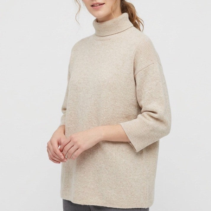 Babaton Sweater Womens Small Beige Knit Wool 3/4 Sleeve Turtleneck Pullover