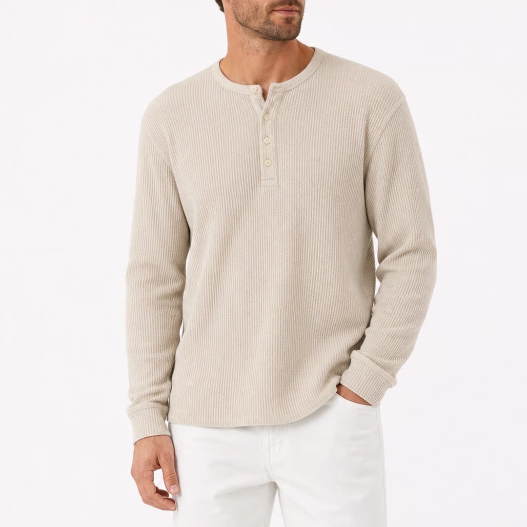 Kian D Mens Cream Waffle Knit Henley Shirt Long Sleeve Cotton Blend Large