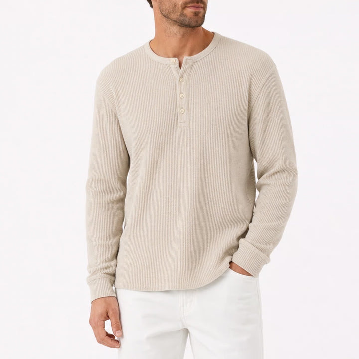 Kian D Mens Cream Waffle Knit Henley Shirt Long Sleeve Cotton Blend Large
