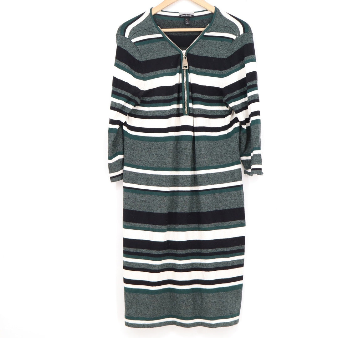 Allison Brittney Green Striped Quarter Zip 3/4 Sleeve Knit Midi Dress Large