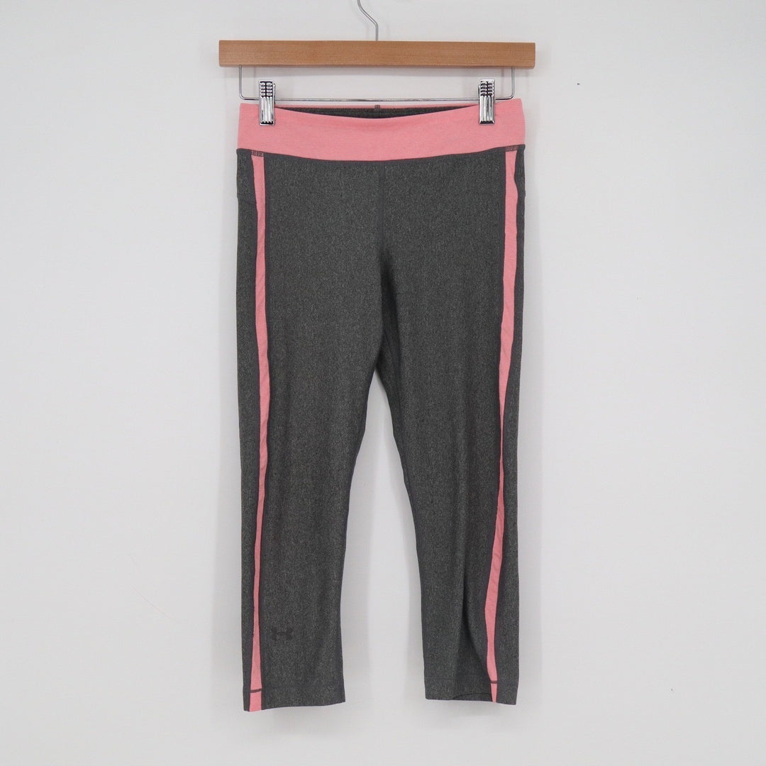 Under Armour HeatGear Womens Cropped Leggings Charcoal Grey Pink Side Stripe XS