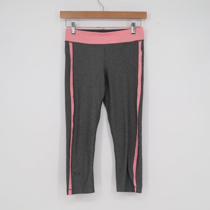 Under Armour HeatGear Womens Cropped Leggings Charcoal Grey Pink Side Stripe XS