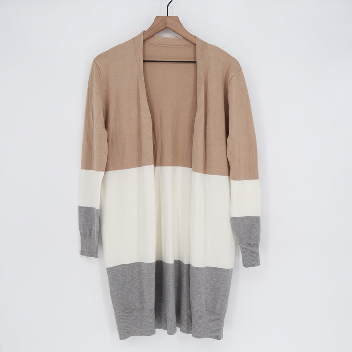 Colorblock Open Front Longline Cardigan Tan Cream Grey Medium RC6002
