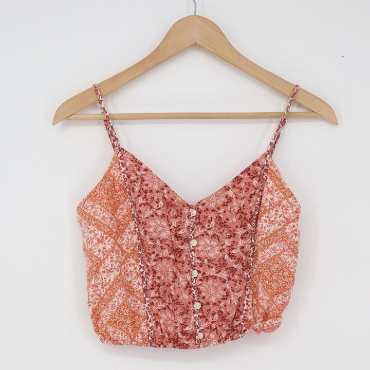 American Eagle Linen Top Womens XS Cami Cropped Floral Patchwork Pink Excellent