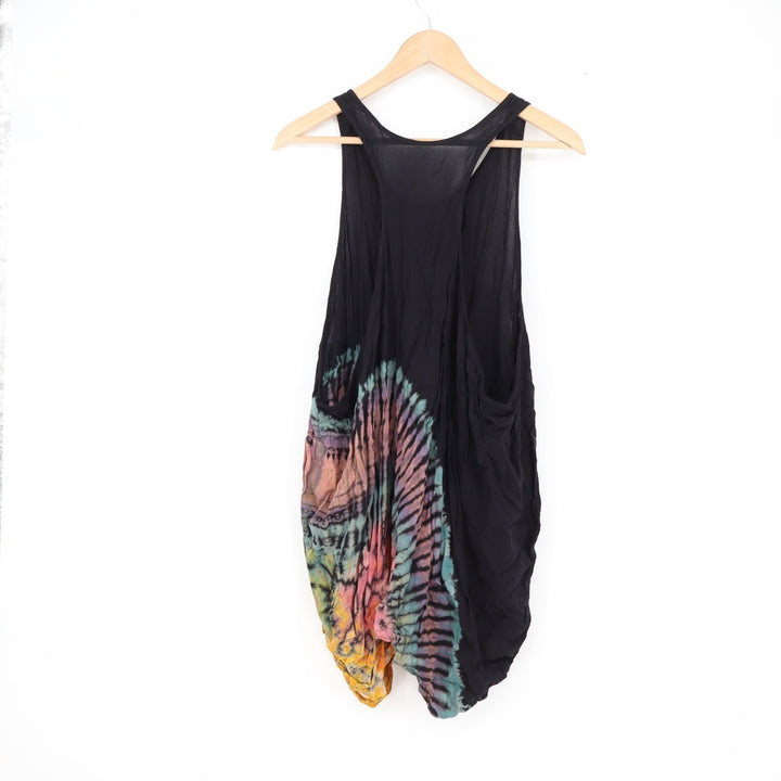 Black Tie Dye Sunburst Racerback Tank Top Oversized Bubble Hem One Size