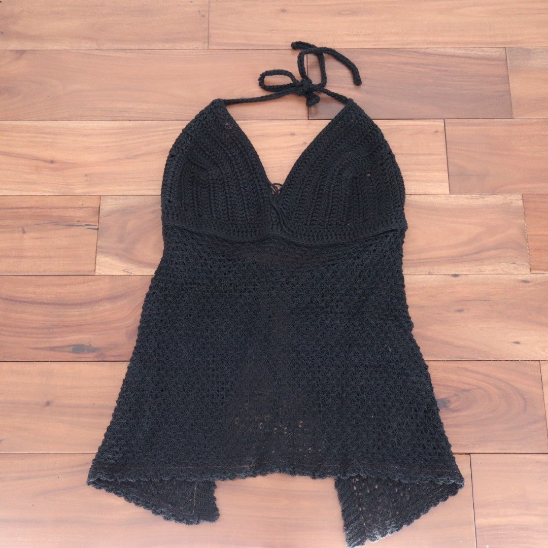 Black Crochet Halter Top Boho Festival Beach Cover Up
