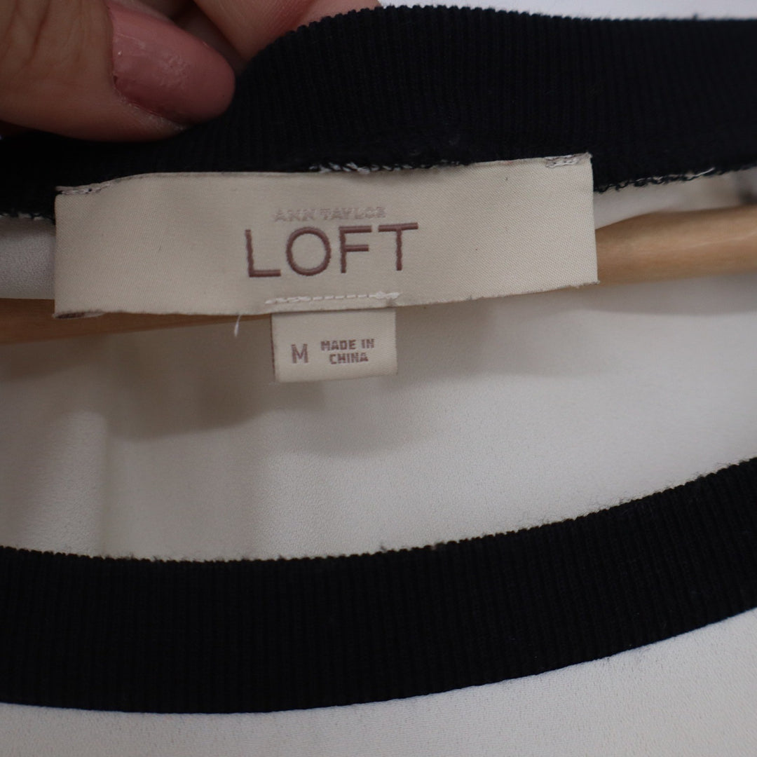 Ann Taylor LOFT Womens Medium Colorblock Raglan Blouse Cream Peach Black Trim
