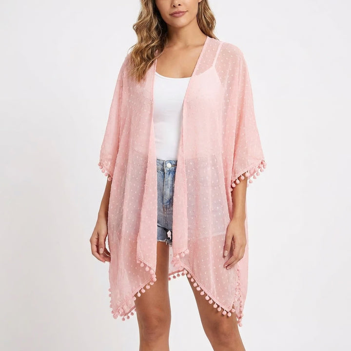 Pink Clip Dot Chiffon Pom Pom Trim Kimono Cover Up One Size