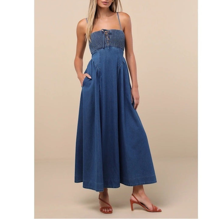 Lulus Laylie Midi Dress Womens XS Blue Medium Wash Denim Lace-Up Smocked Summer