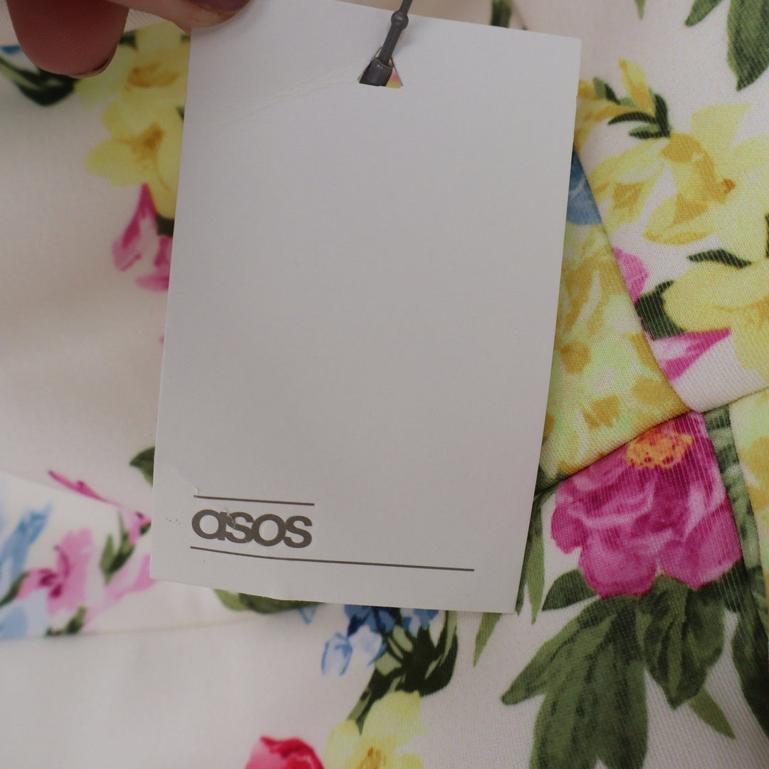 ASOS Floral Strapless Midi Dress Cream Pink Yellow Ruffle Wrap Size 8 NEW