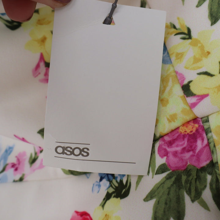 ASOS Floral Strapless Midi Dress Cream Pink Yellow Ruffle Wrap Size 8 NEW
