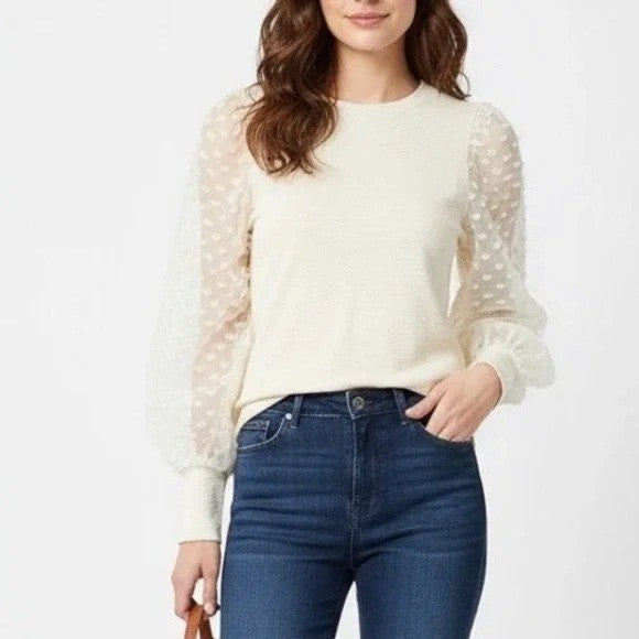 Maeve by Anthropologie Textured Puff Sleeve Top Ivory XXS