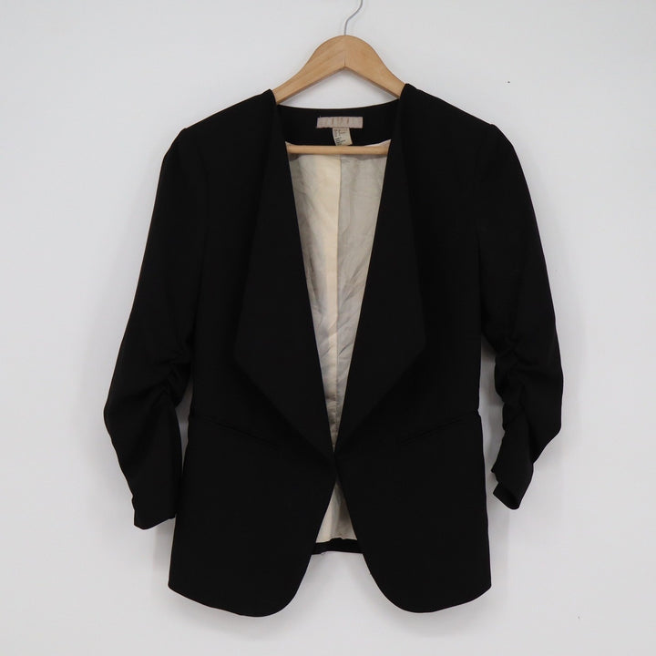 HM Womens Black Ruched 3/4 Sleeve Open Front Blazer Jacket Size 8