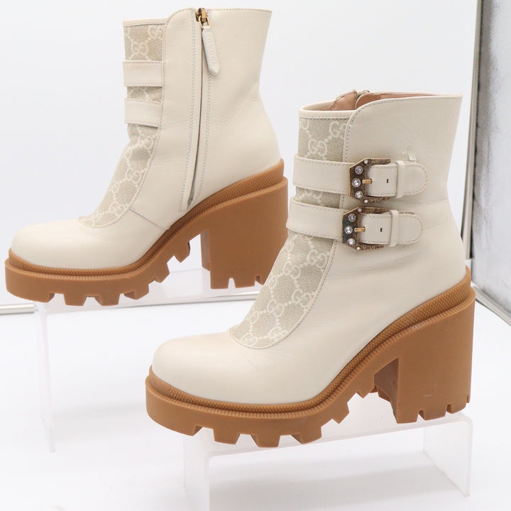 Gucci GG Supreme Leather Lug Sole Platform Buckle Ankle Boots White 38.5