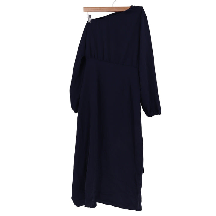 Navy Blue One Shoulder Long Sleeve Tie Back Midi Dress Large