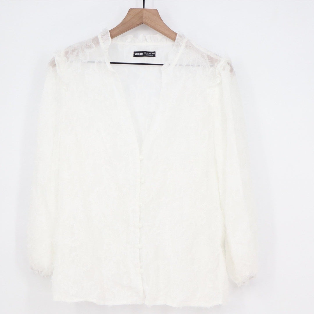 SHEIN White Floral Lace Ruffle V-Neck Button Front Long Sleeve Blouse Large