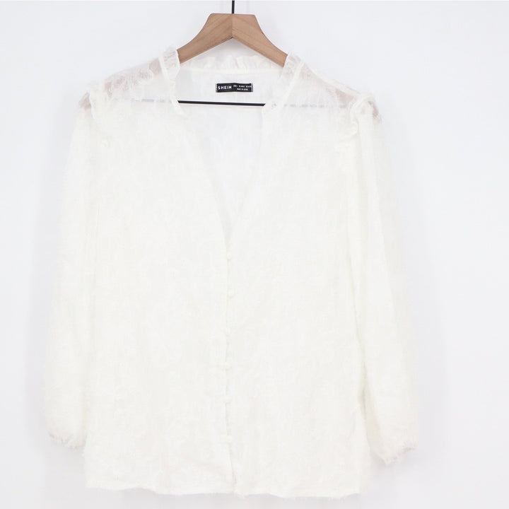 SHEIN White Floral Lace Ruffle V-Neck Button Front Long Sleeve Blouse Large