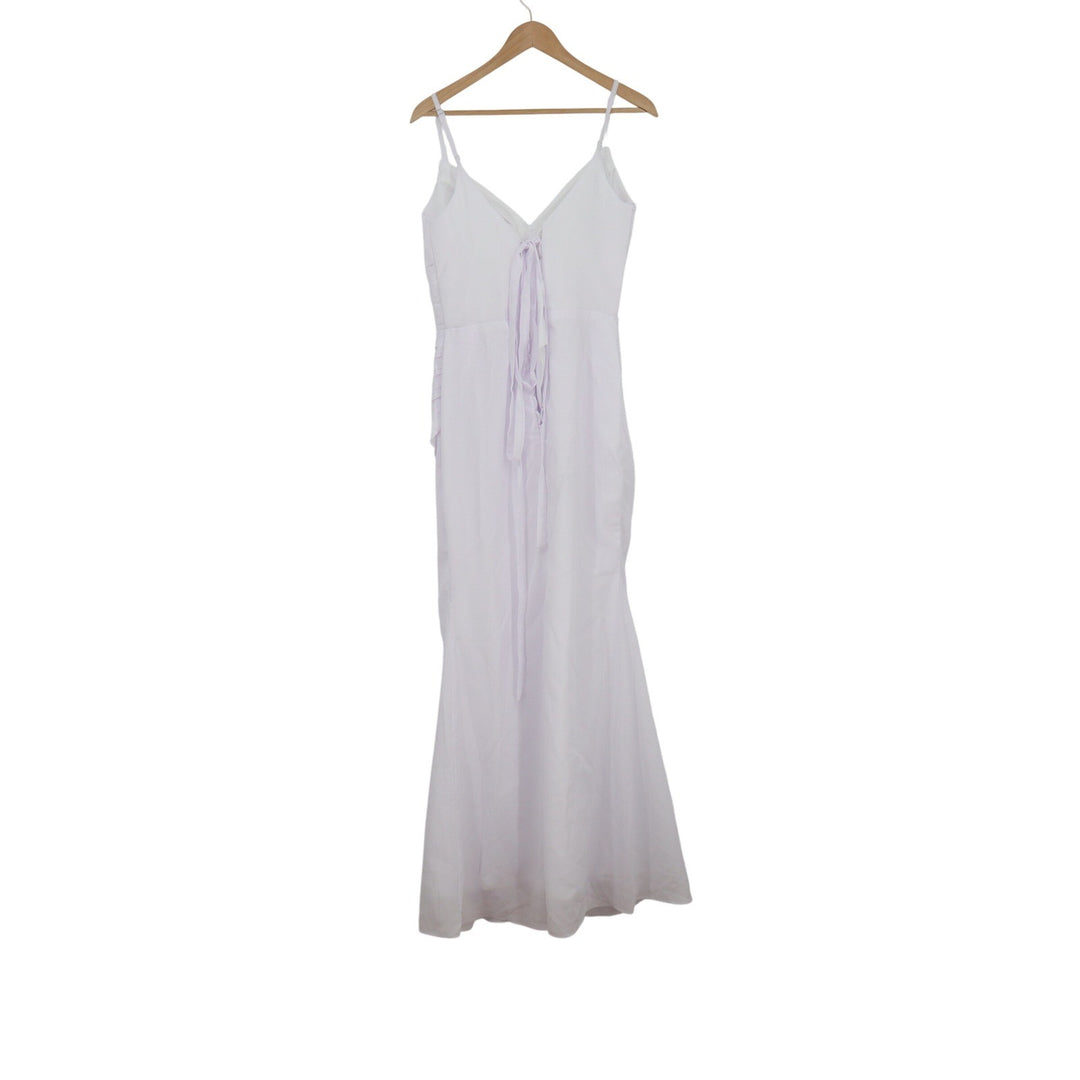 White Ruched V-Neck Lace Up Back Maxi Gown Formal Dress