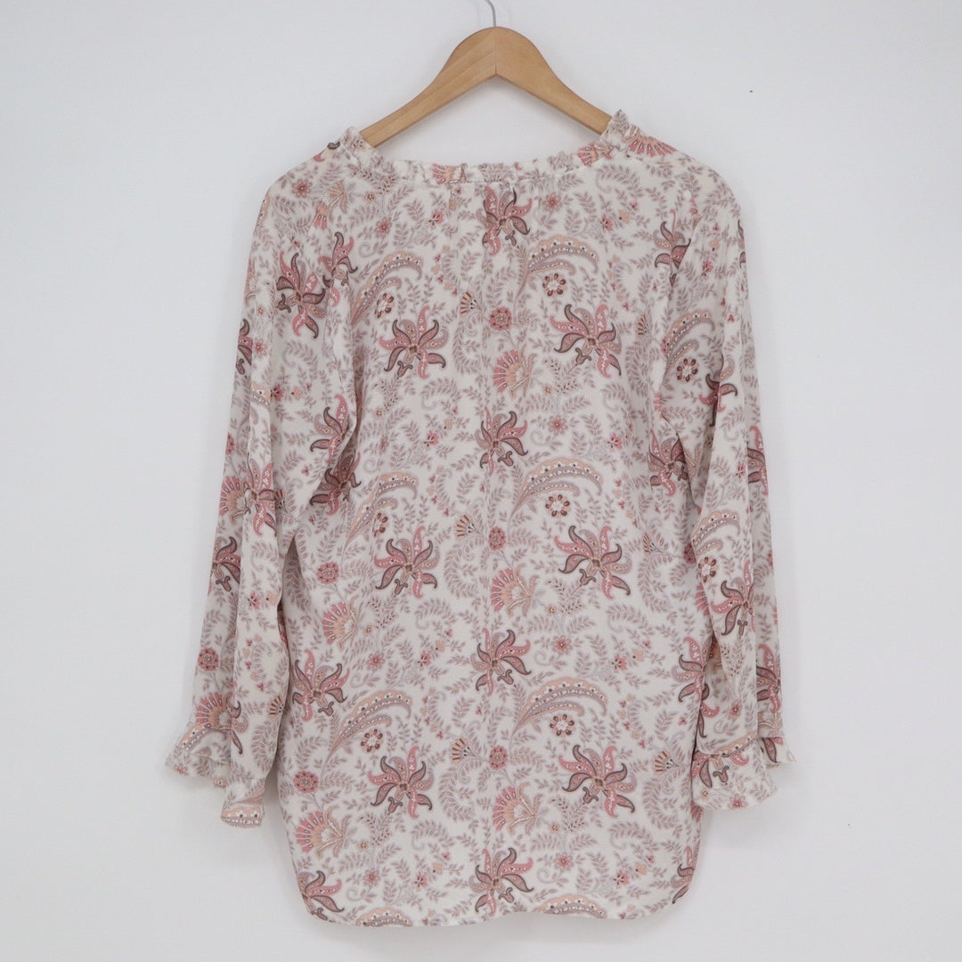 LOFT Womens Pink Paisley Floral V-Neck Ruffle Cuff Blouse Top Medium